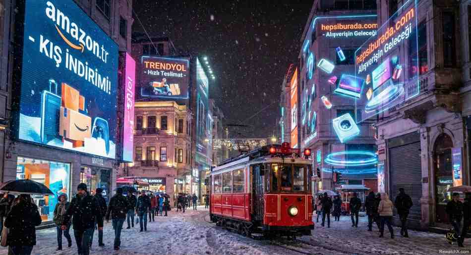 İstanbul İstiklal Caddesi'nde fütüristik kış indirimi reklamları ve tramvay