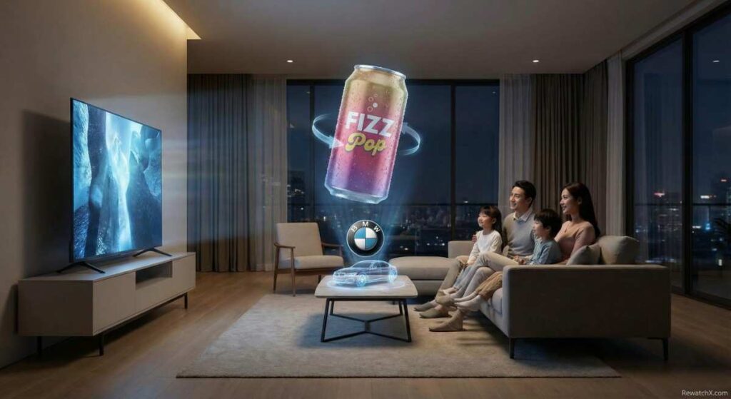3D holographic advertisement floating in a living room during Super Bowl LX 2026 - 2027