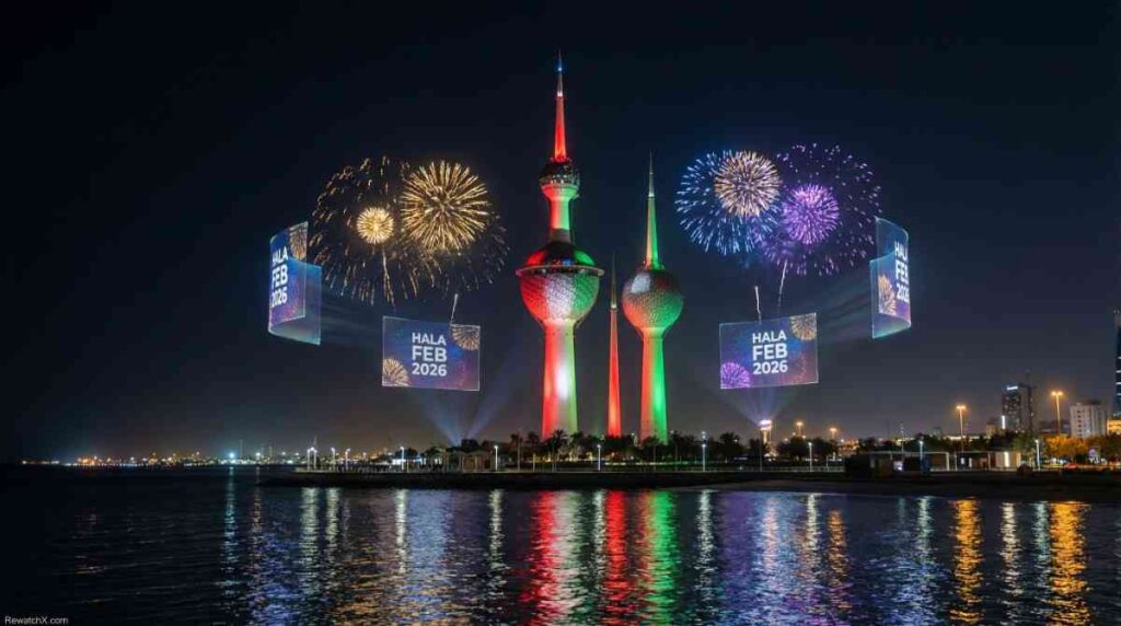 أبراج الكويت مع إعلانات هولوغرافية لمهرجان هلا فبراير ۲۰۲٦