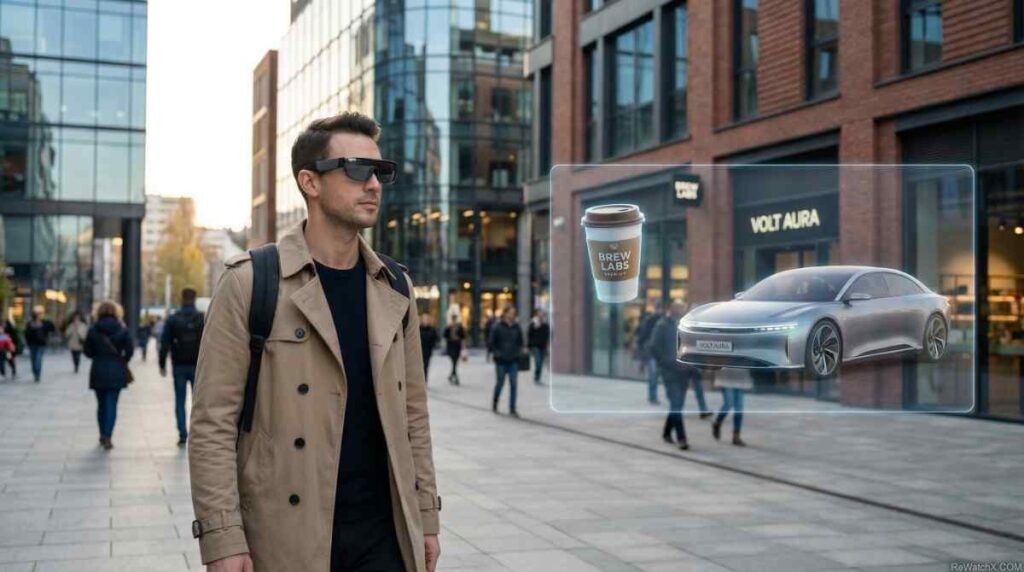 A futuristic view of spatial advertising through AR glasses in a city