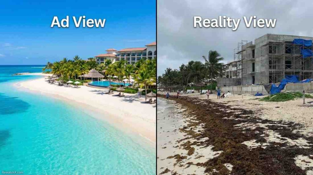 Comparison of AI-enhanced travel ad vs dirty reality of the resort.